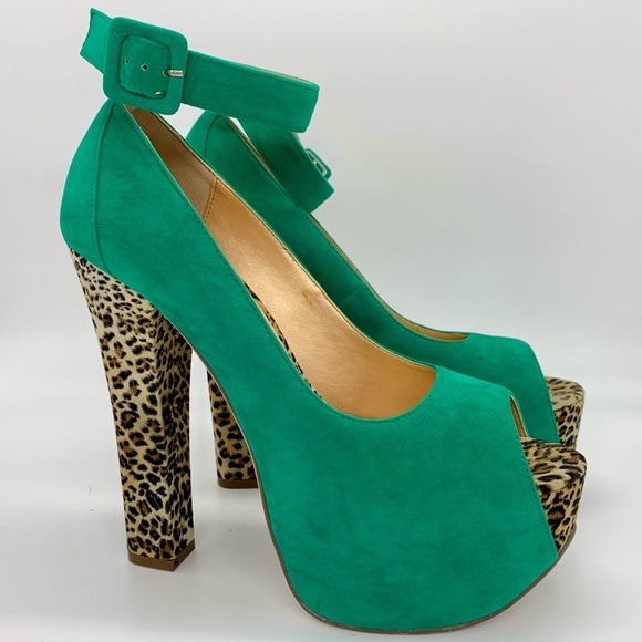 Platform heels emerald green and leopard size 9 - Picture 1 of 3